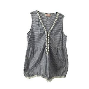 Blush Pom Pom Sleeveless Top Blue White Striped Deep Adjustable V Neck Womens L